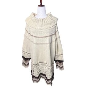 Denim 24/7 Womens 1X Beige Stripe Cowl Neck Knit Sweater Tunic 22 24 Acrylic